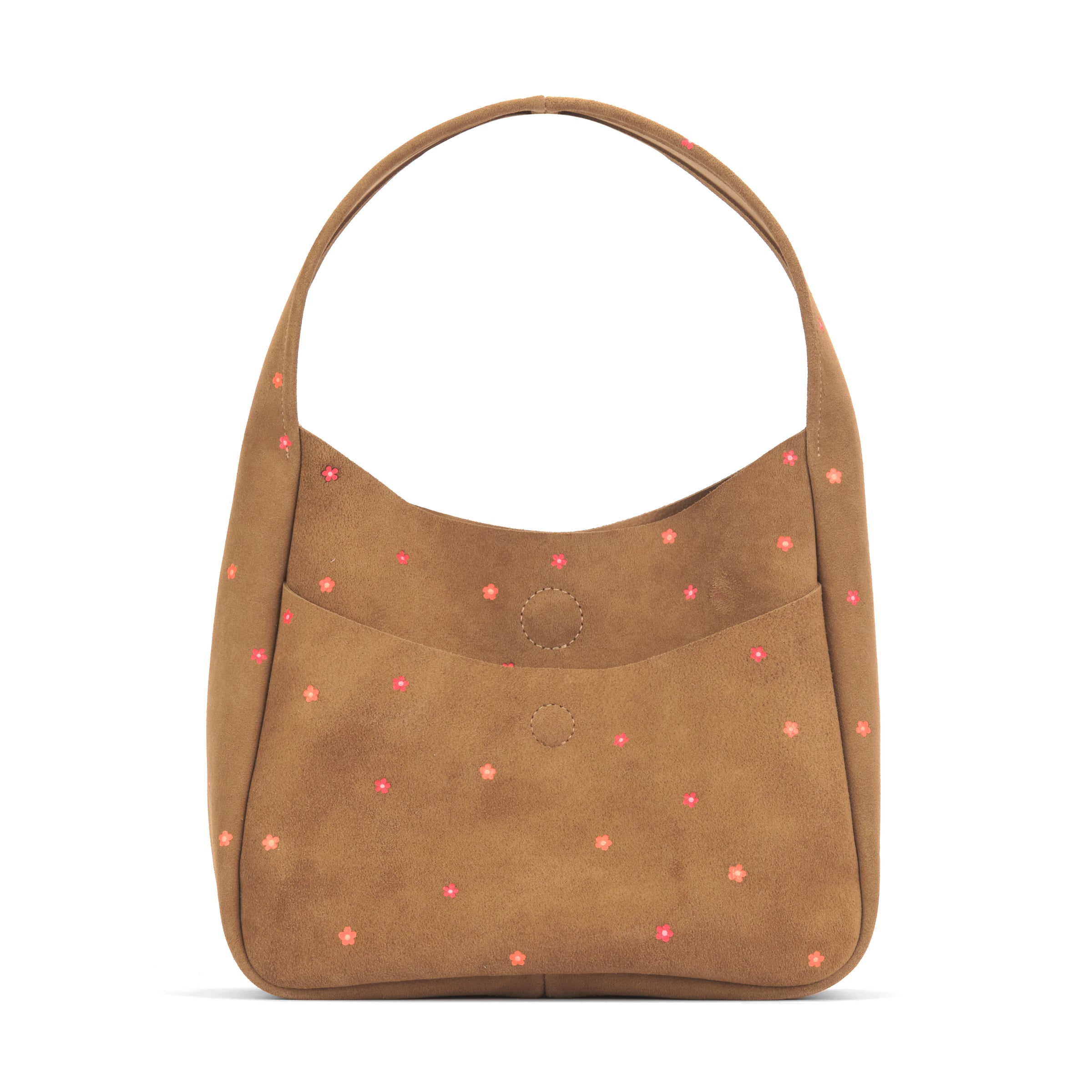 A back view of the tan Phoebe Spring 2024 Edition with hand-painted pink and orange flowers