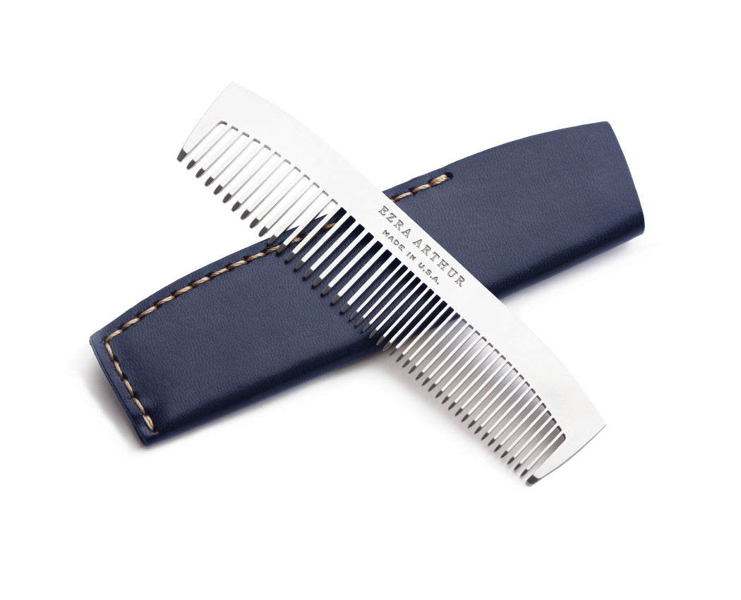 stainless steel pocket comb with navy blue leather  carrying case