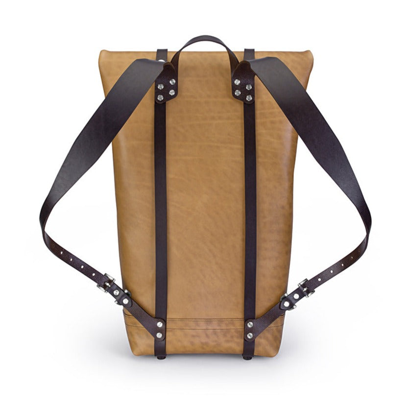 dark brown straps on light brown leather rucksack