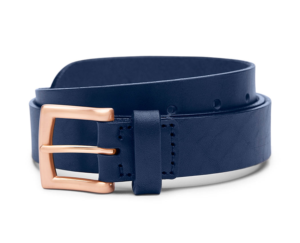 30 mm navy blue mens leather belt with rose gold buckle