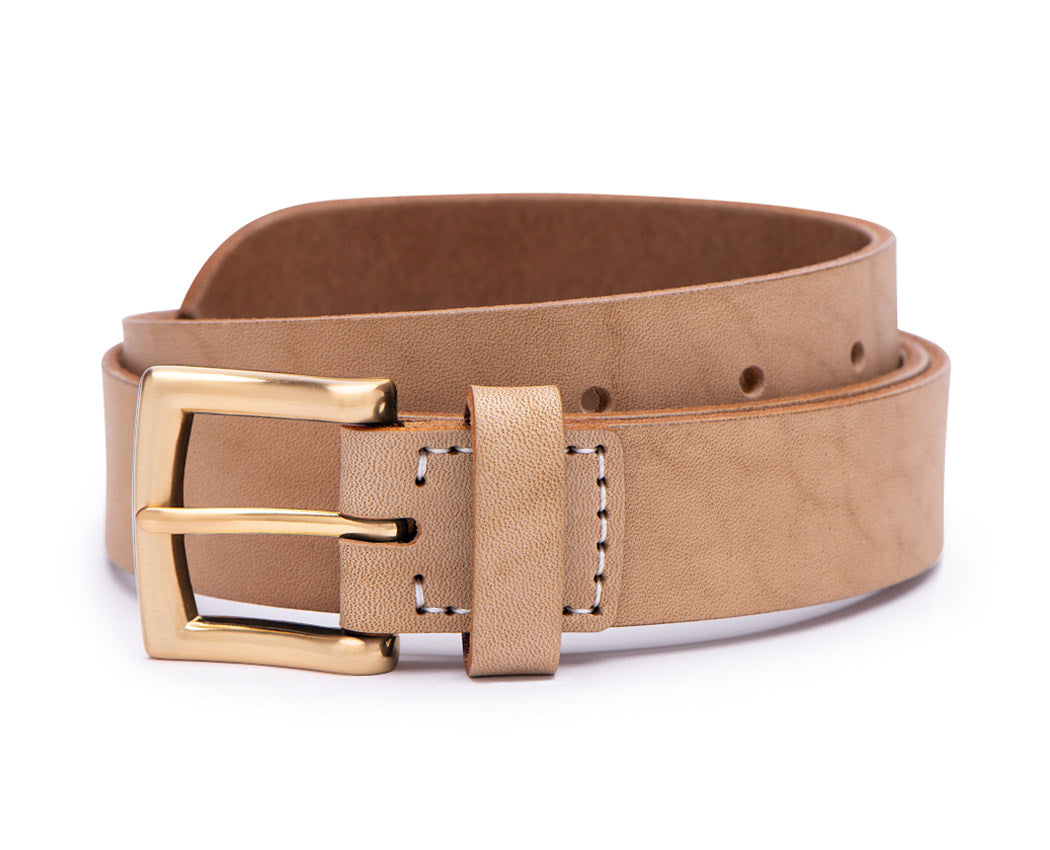 natural full grain leather belt with gold buckle