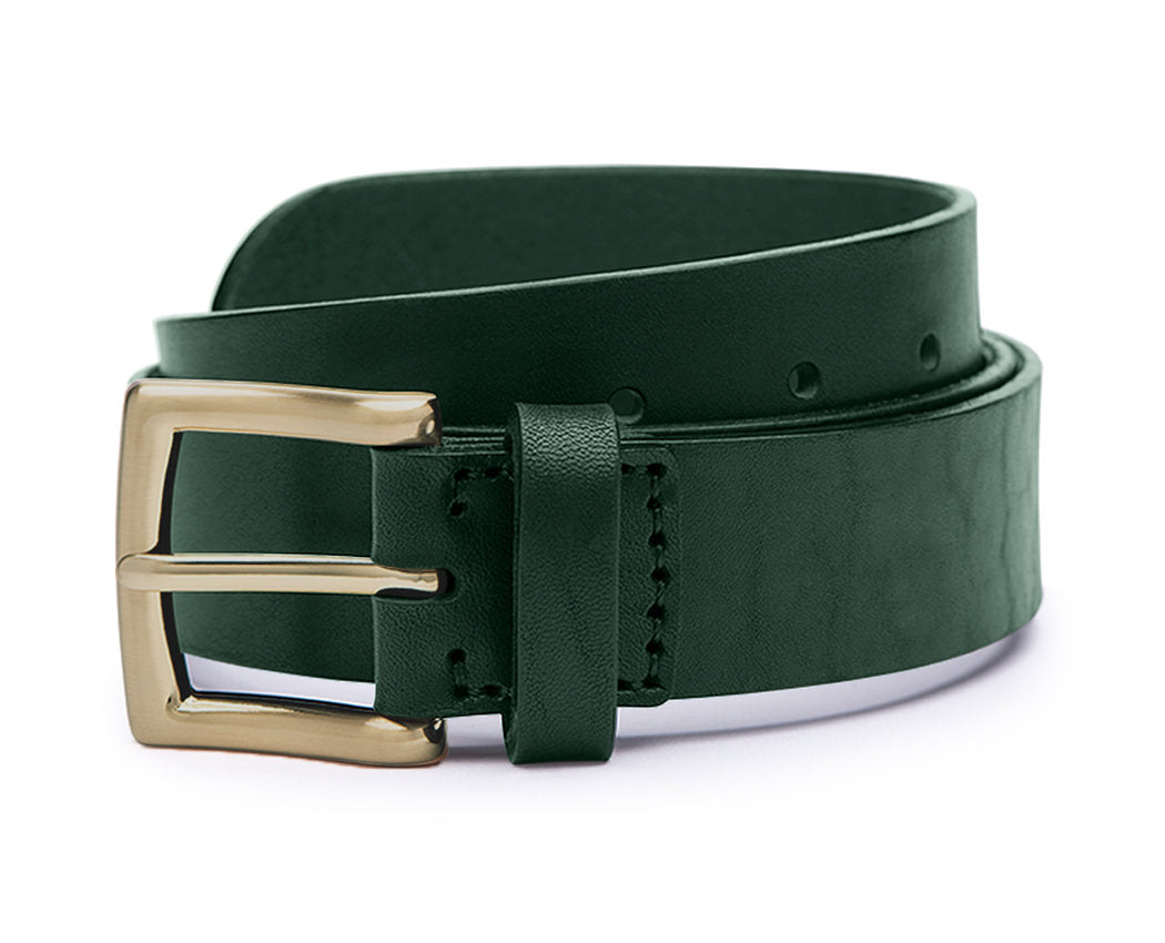 wide mens leather belt in rich green full grain leather with brass belt buckle