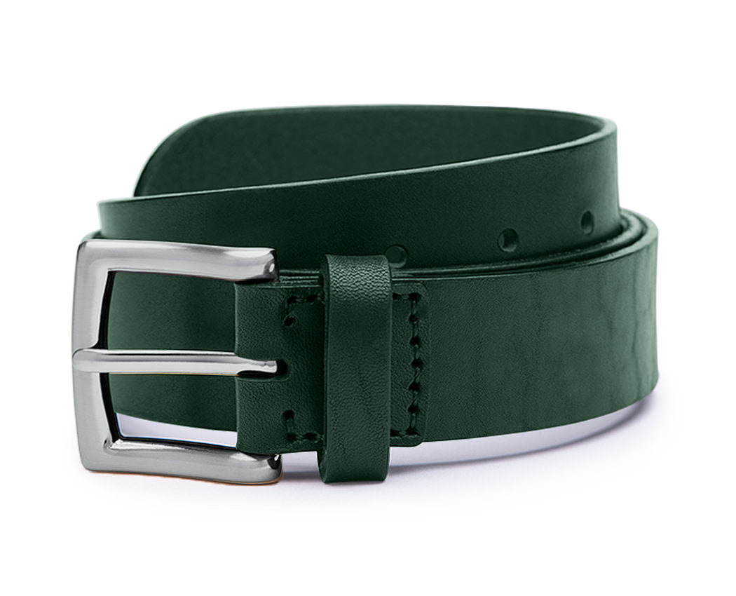 brushed nickel belt buckle on green leather belt
