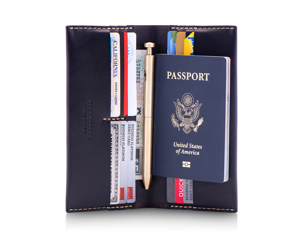 multipocket large black leather wallet with passport holder