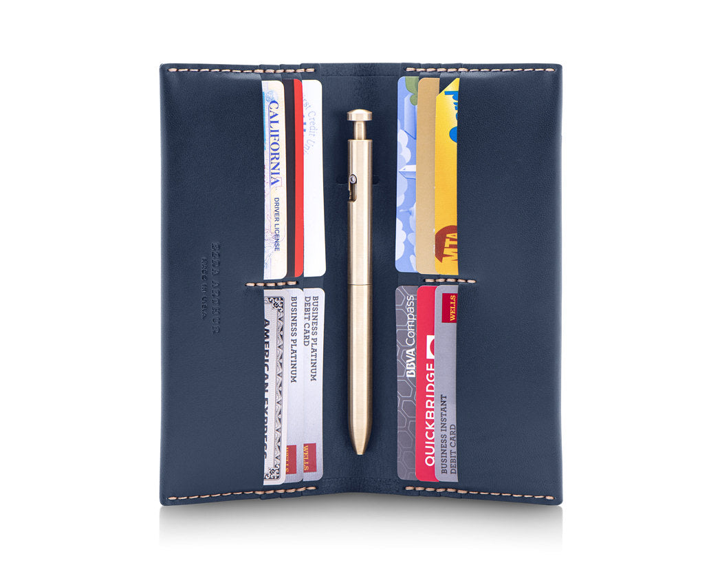 mens navy blue leather wallet with 12 card slots and pen holder