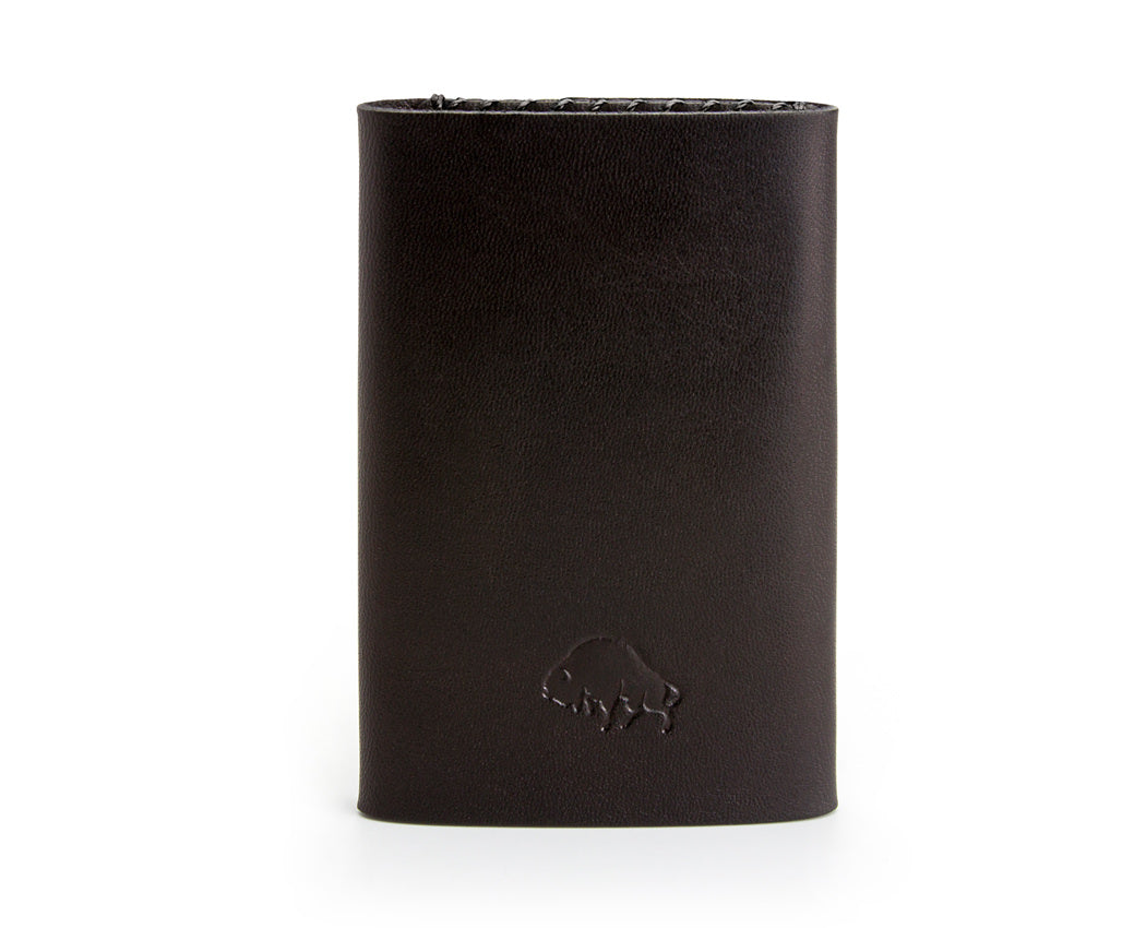 buffalo logo stamp on black leather folding wallet