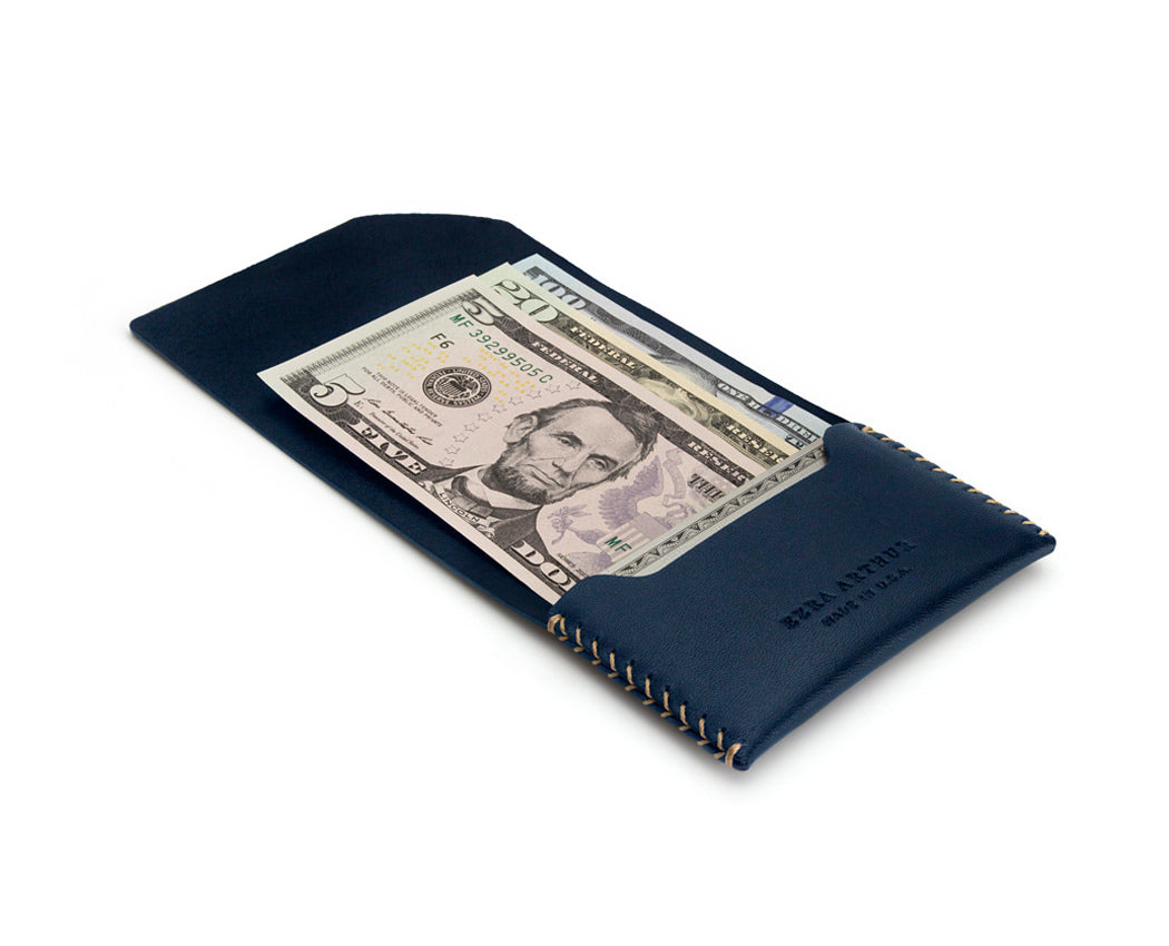 navy leather wallet open