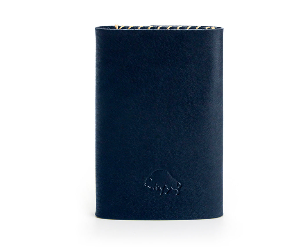 buffalo logo on navy leather folding wallet