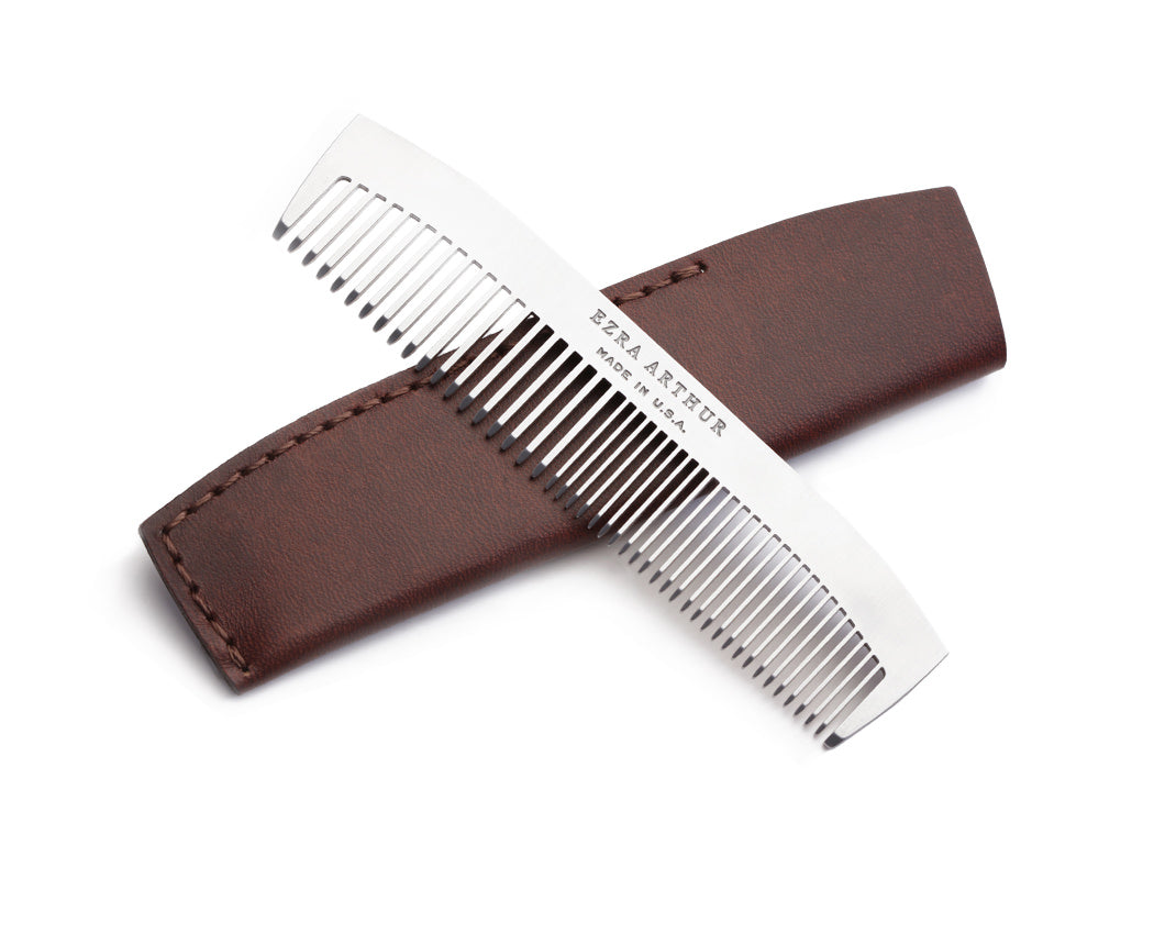 stainless steel pocket comb with brown leather holder