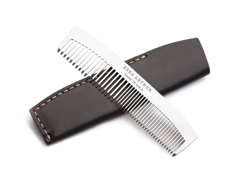 stainless steel pocket comb with black leather case