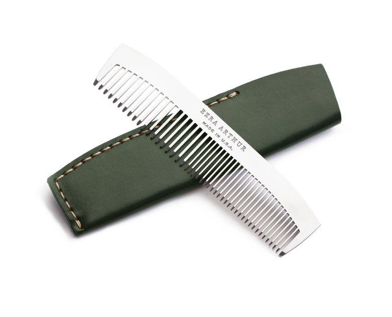 stainless steel pocket comb with green leather carrying case