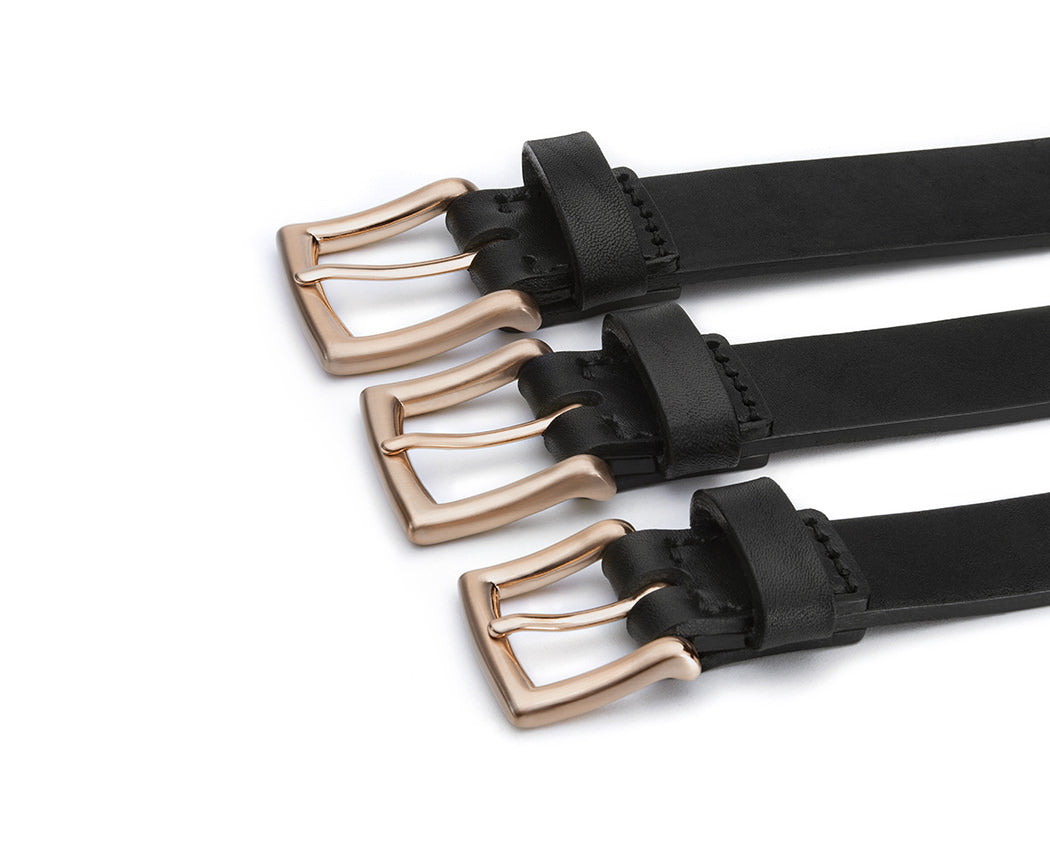 mens black dress belt with polished gold belt buckles