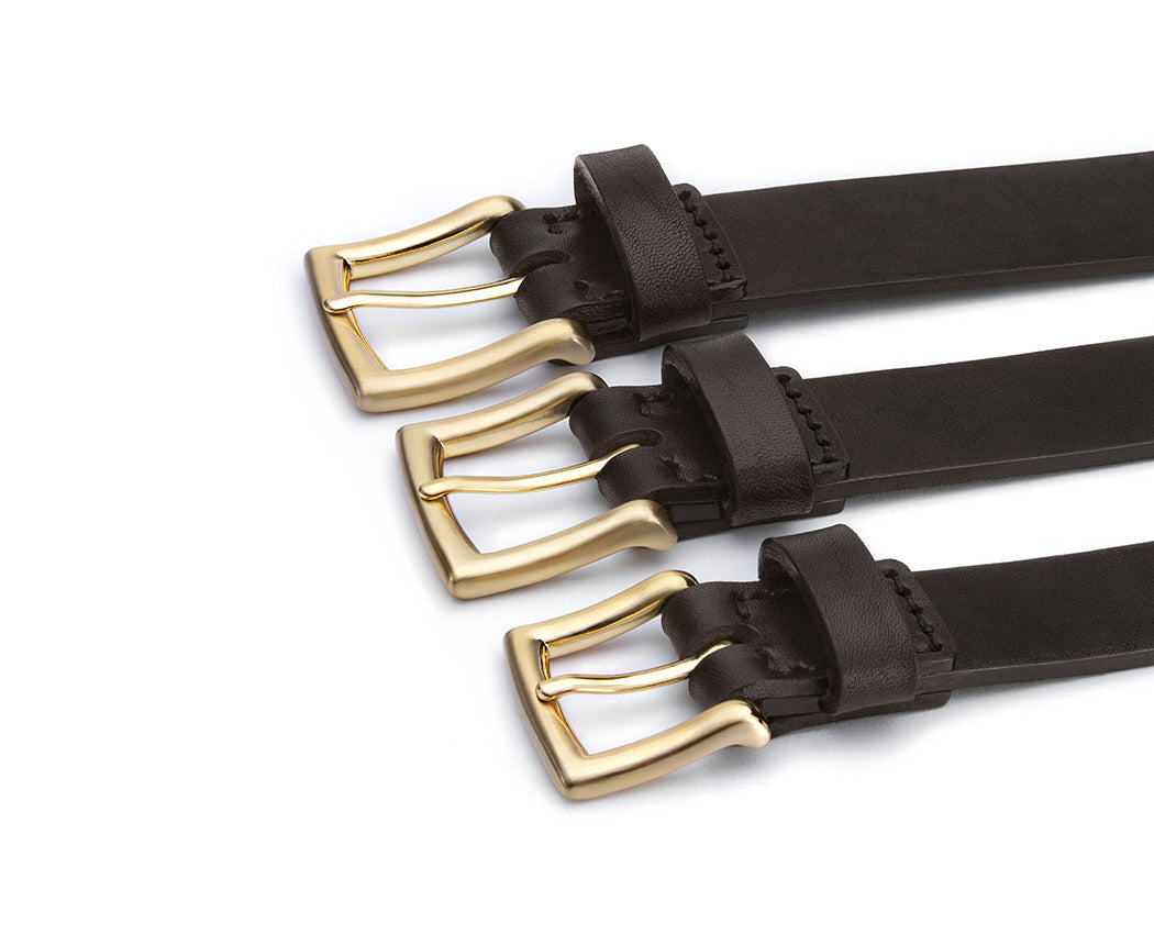 3 brown leather belts with gold buckles