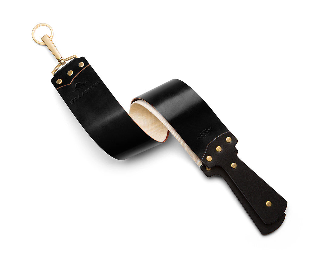black and gold leather shaving strop