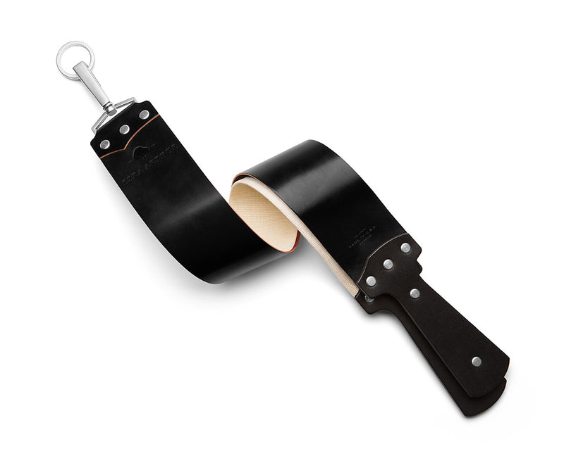 black leather shaving strop with nickel hardware