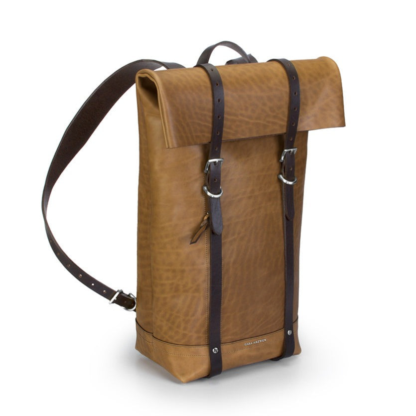 light brown Horween leather rucksack with straps