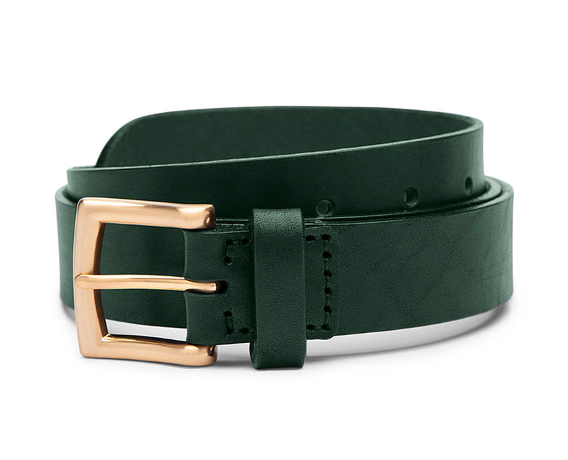medium width green leather belt with gold buckle