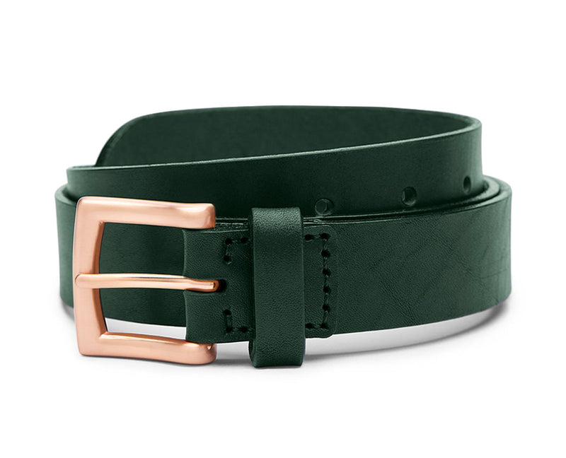 rich green leather belt with rose gold buckle