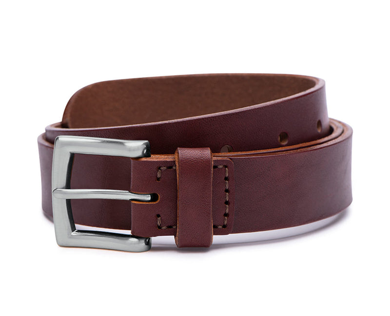 mens brown leather belt with nickel buckle