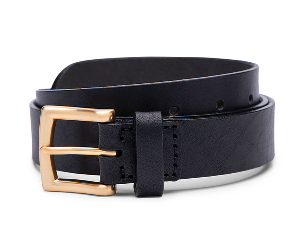 black leather belt with gold belt buckle