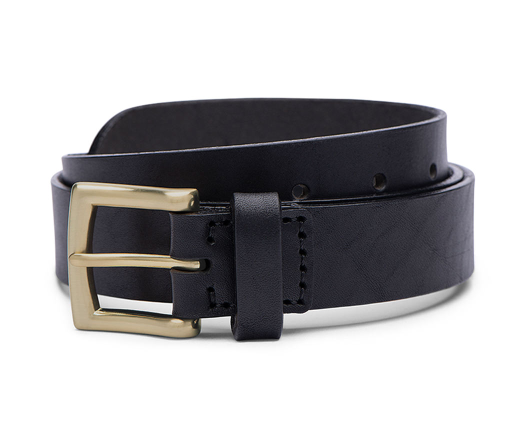 medium with black leather belt with brass belt buckle