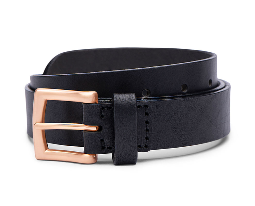black 30 mm mens leather belt with rose gold belt buckle