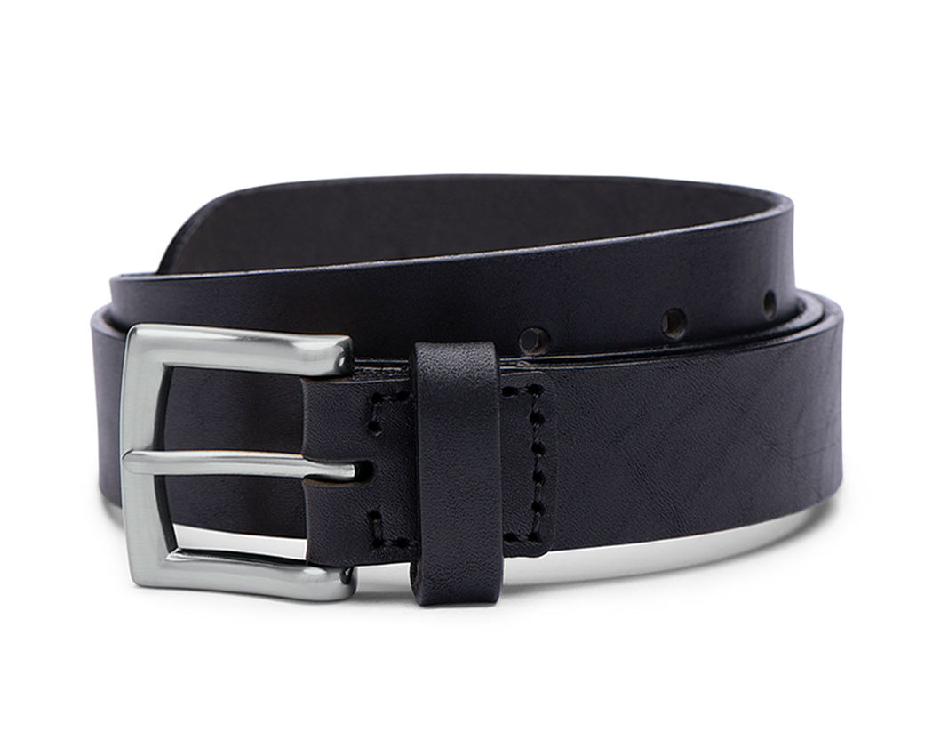 mens black leather belt with nickel belt buckle