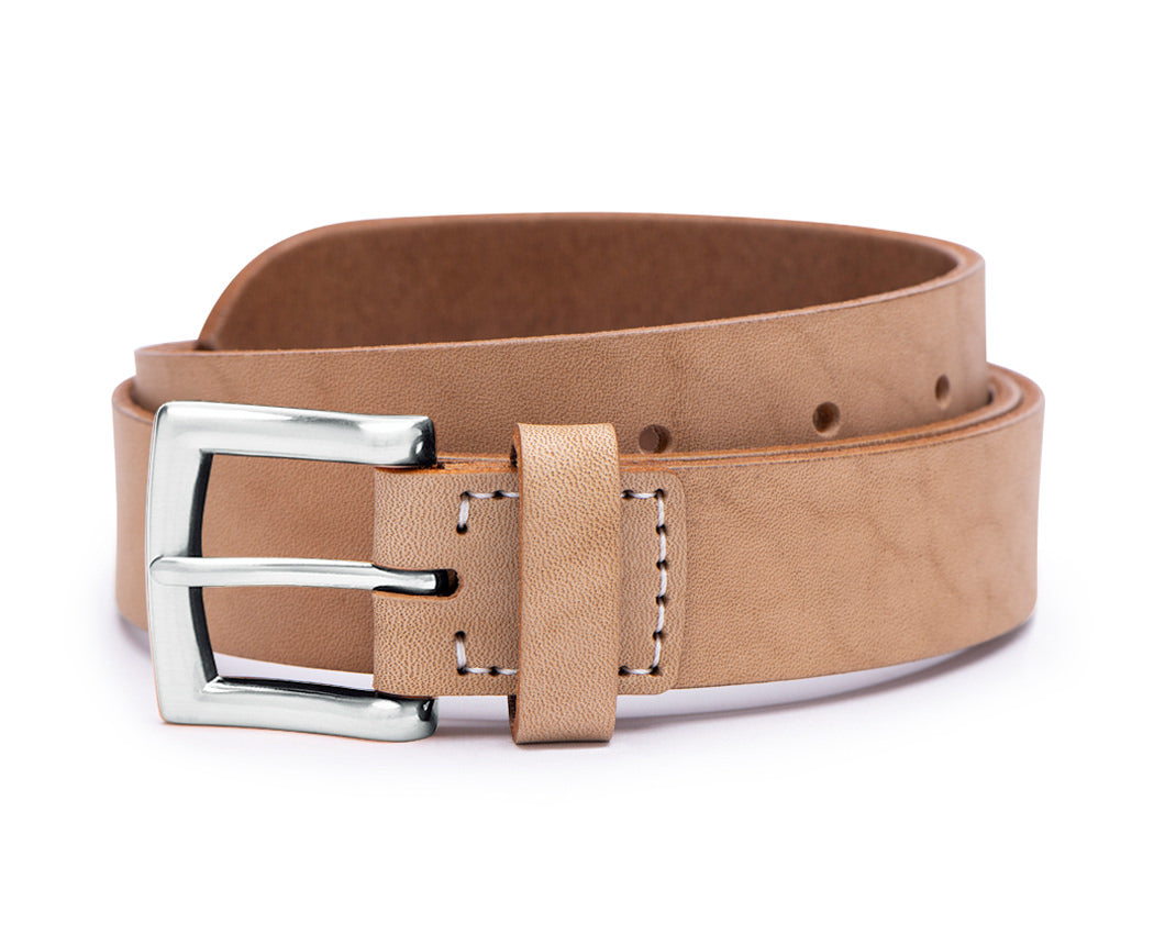natural mens leather belt with handstitching and silver buckle