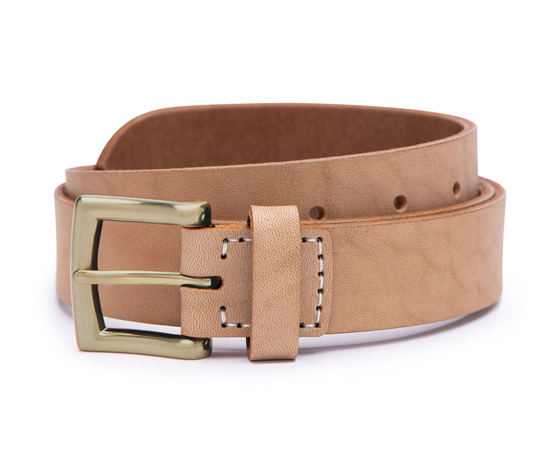 medium width natural leather belt with brass buckle