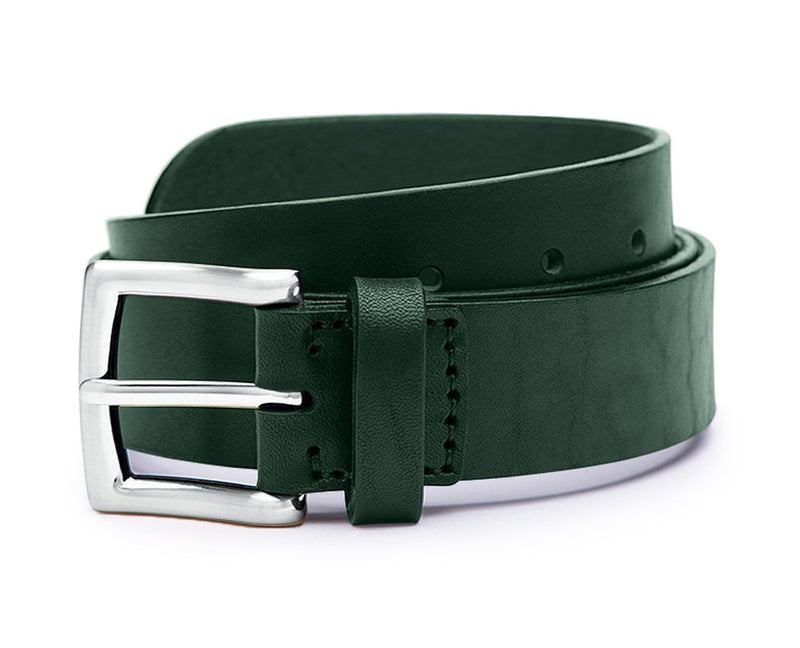 polished silver belt buckle on wide green leather belt