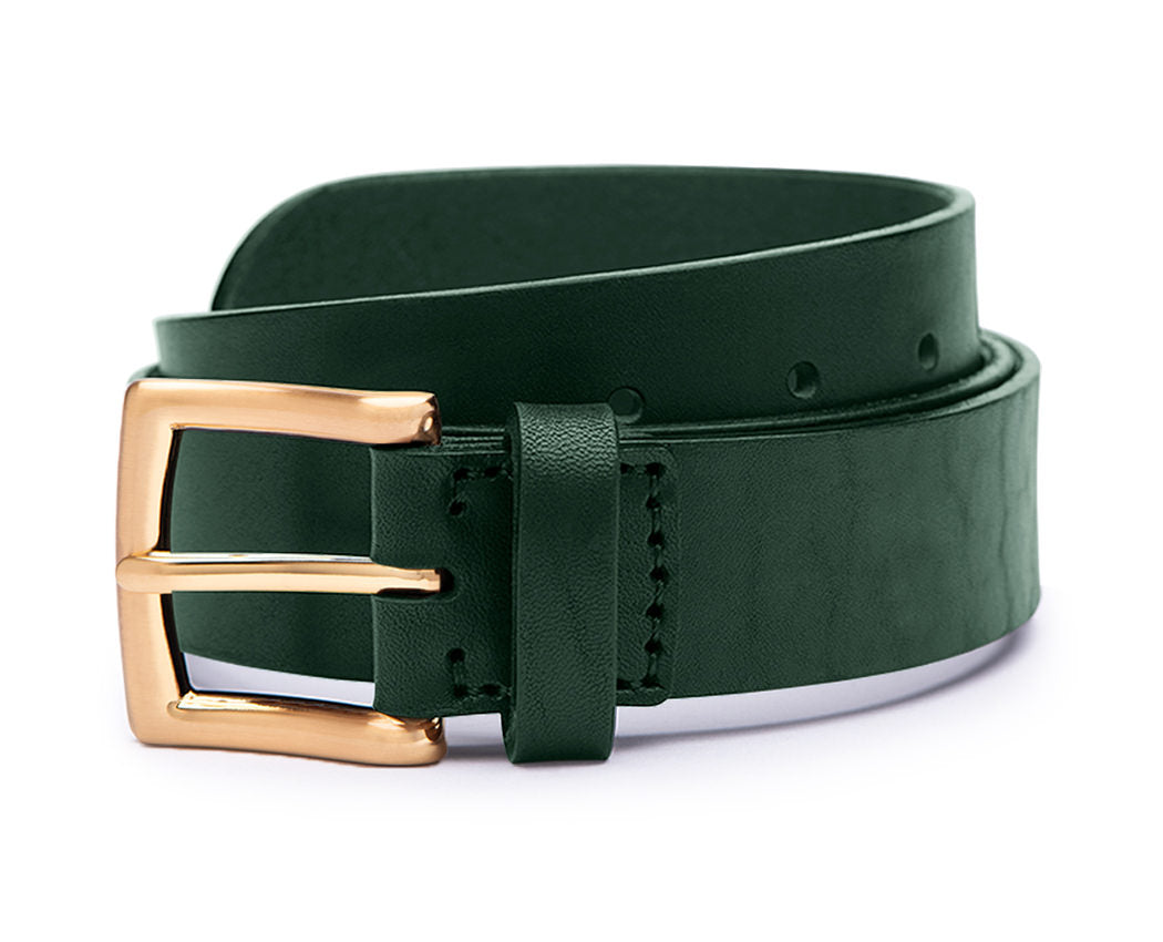 polished gold belt buckle on green full grain leather belt