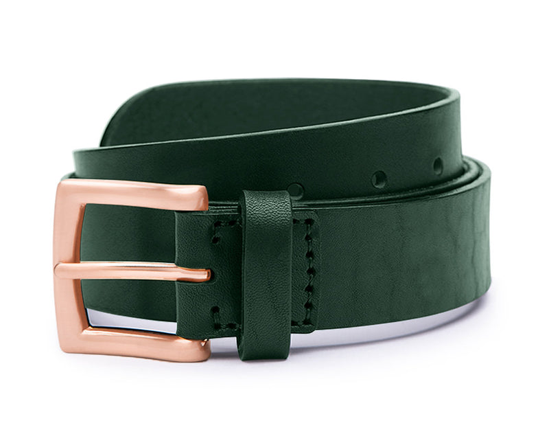 wide green leather belt with rose gold belt buckle