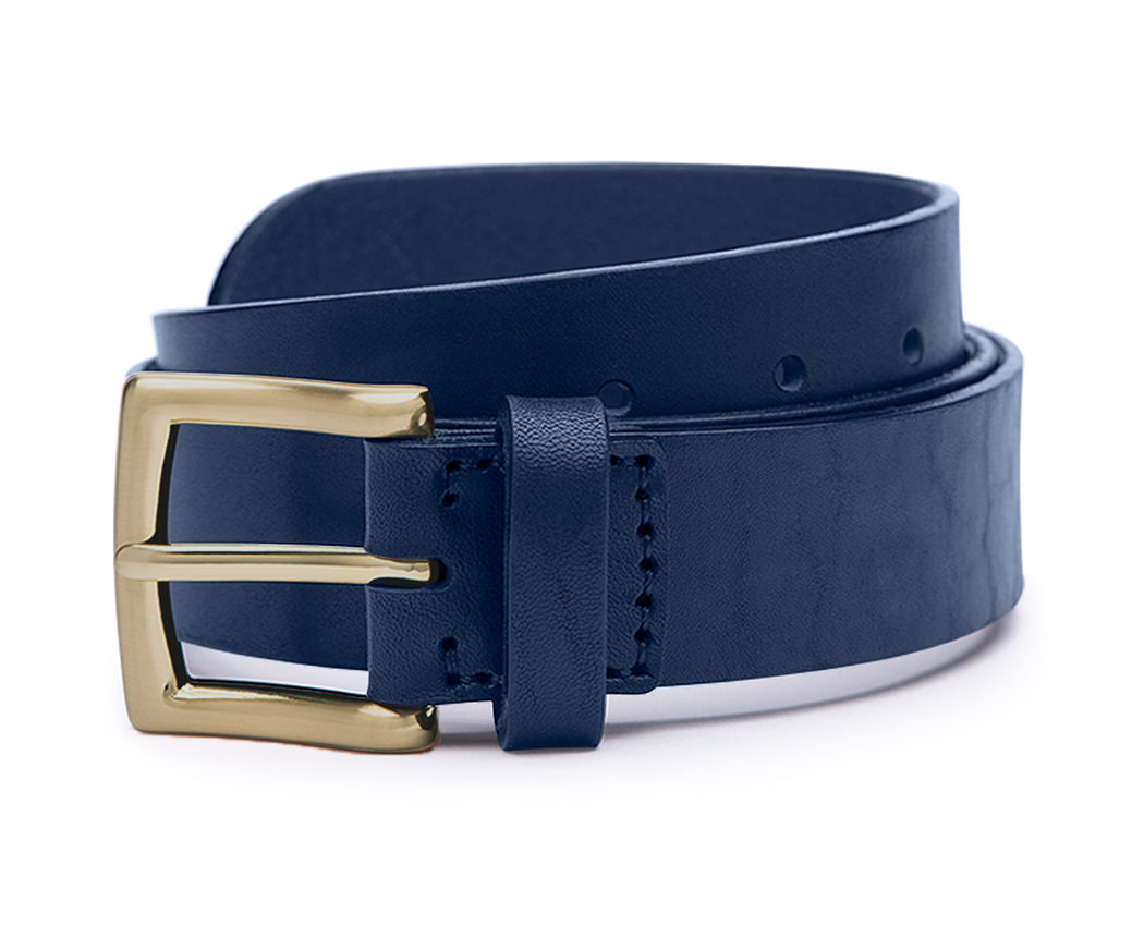 blue wide navy leather belt with brass buckle