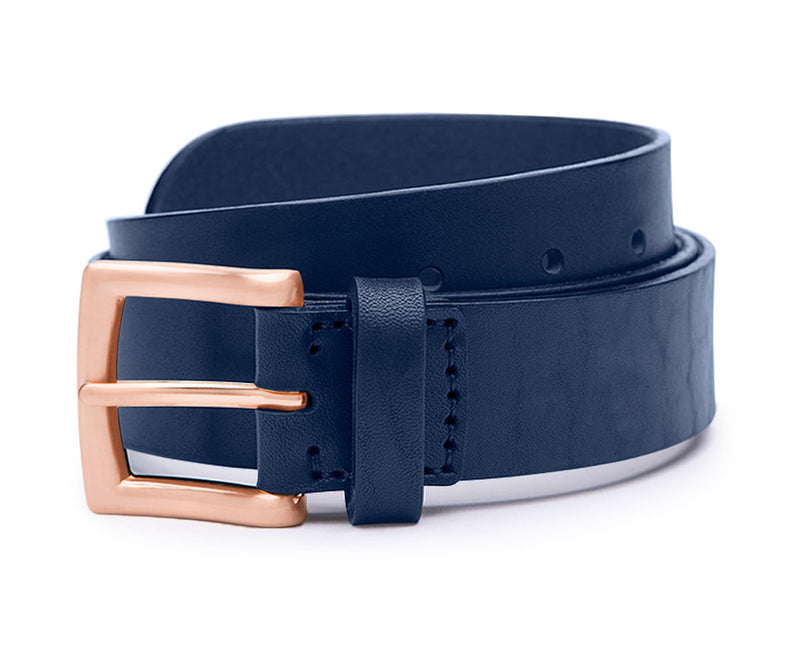 navy blue mens leather belt with rose gold belt buckle