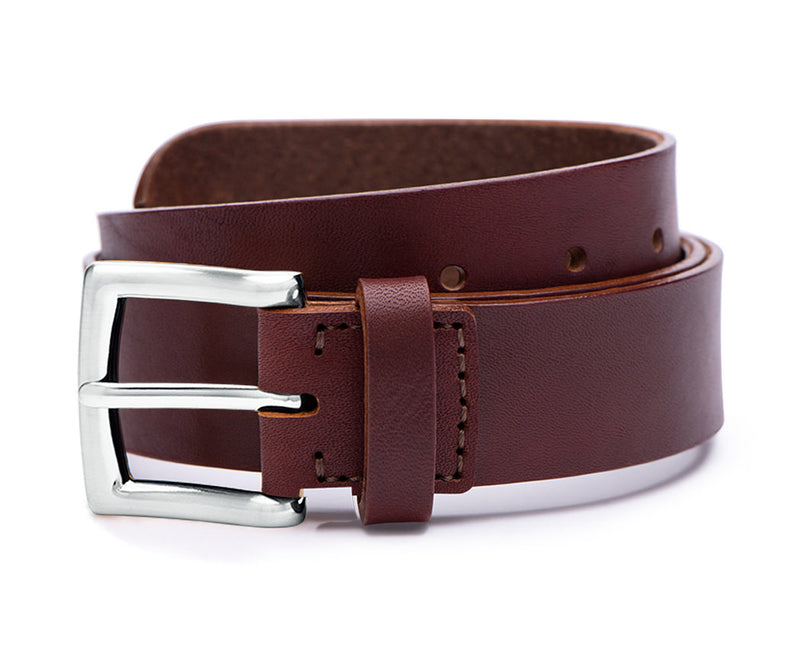 wide brown leather belt with polished silver belt buckle
