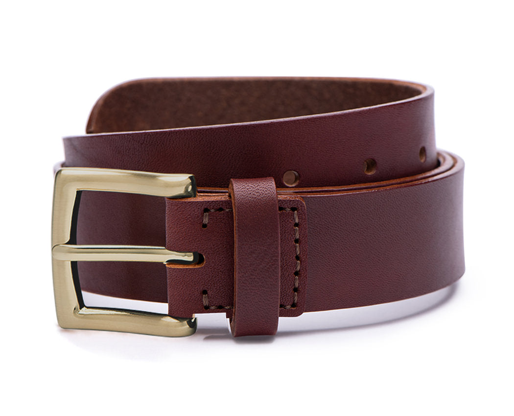 red brown wide leather belt with brushed brass buckle