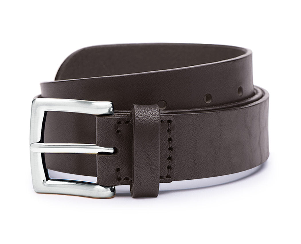 thick brown leather belt with silver belt buckle