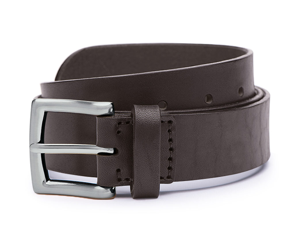 wide mens belt with dark brown full grain leather and nickel belt buckle