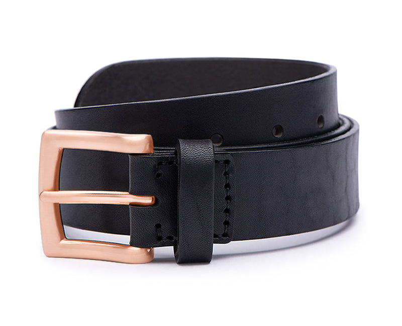Black mens wide leather belt with rose gold belt buckle