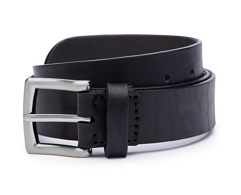 Handstitched black leather belt with nickel buckle