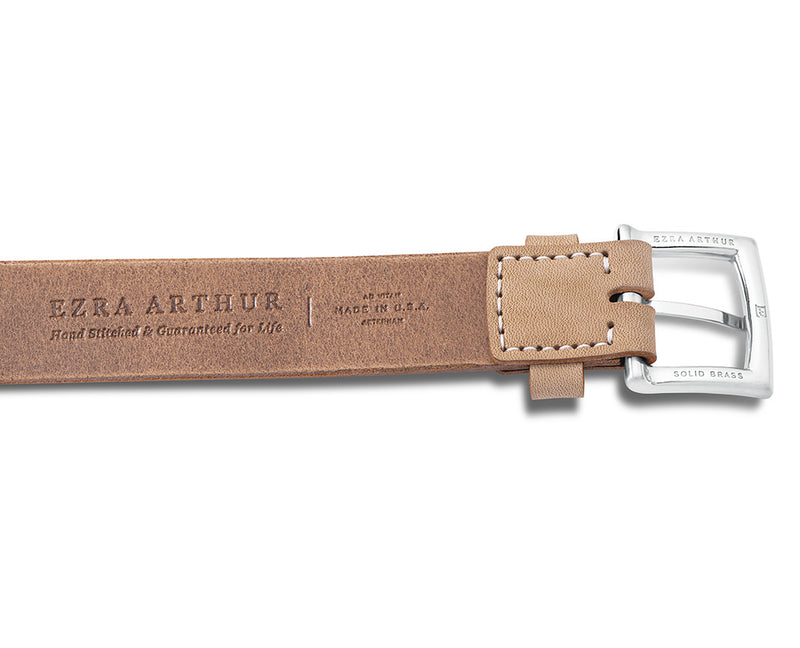 back of mens 25mm tan leather belt with silver hardware
