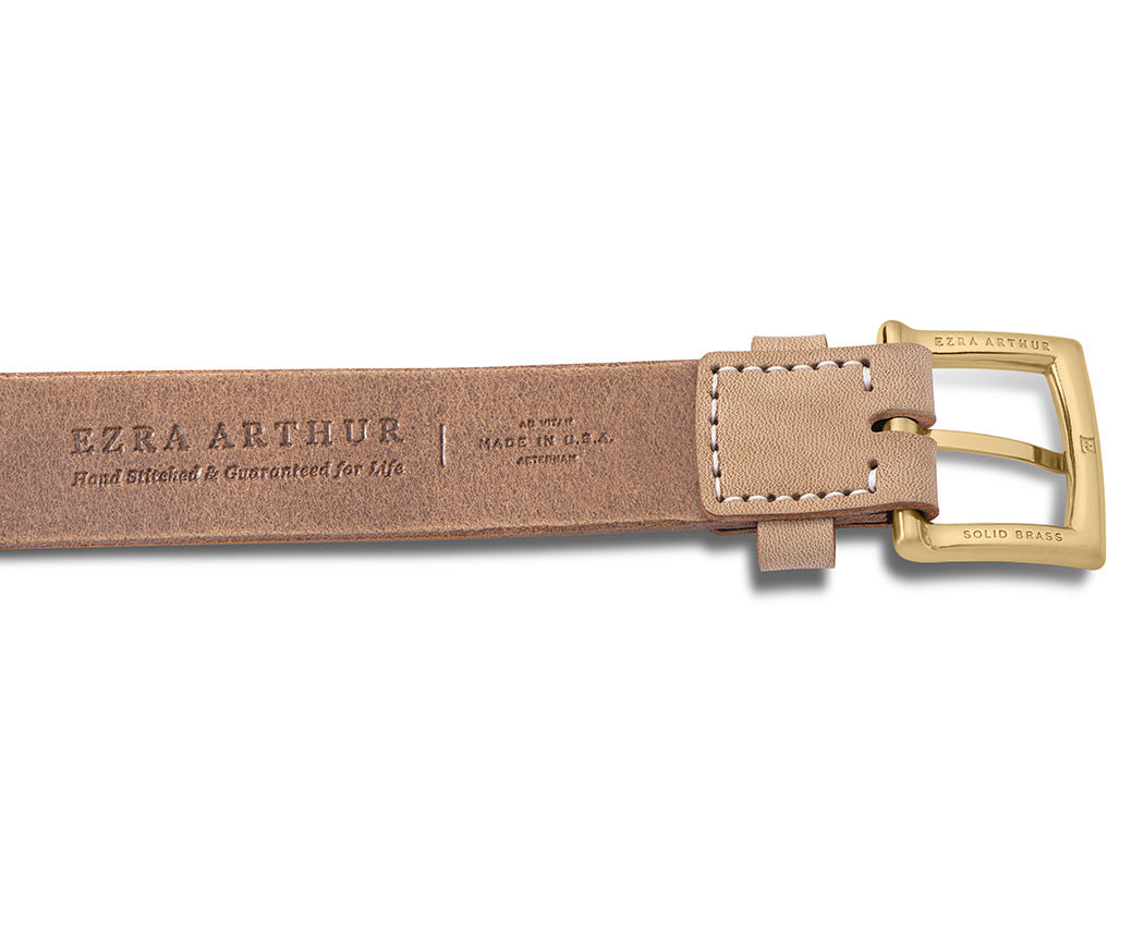 handcut natural leather belt with brass buckle