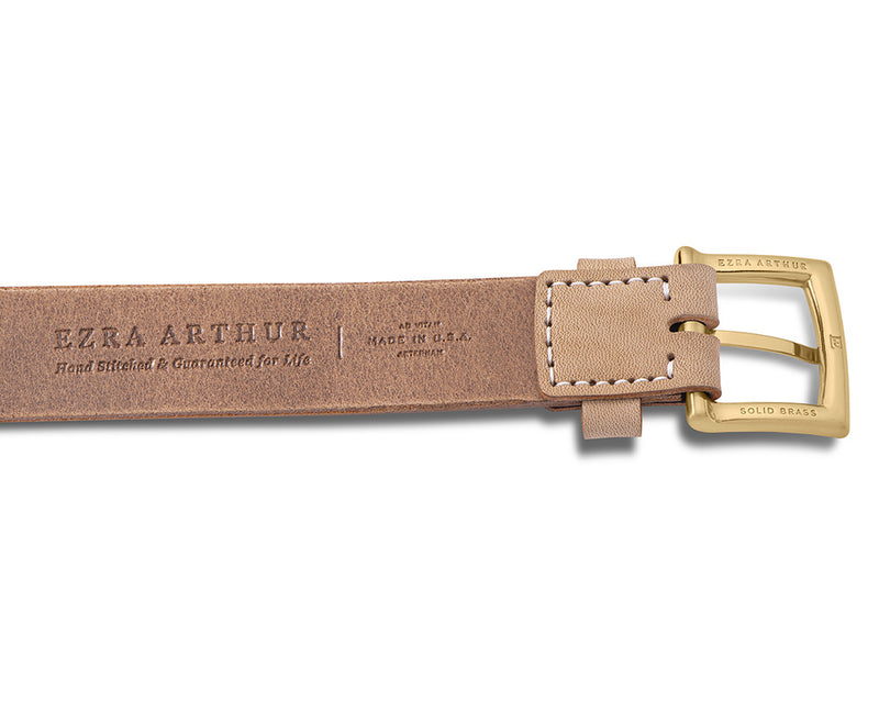 back of mens 25mm tan leather belt with gold hardware