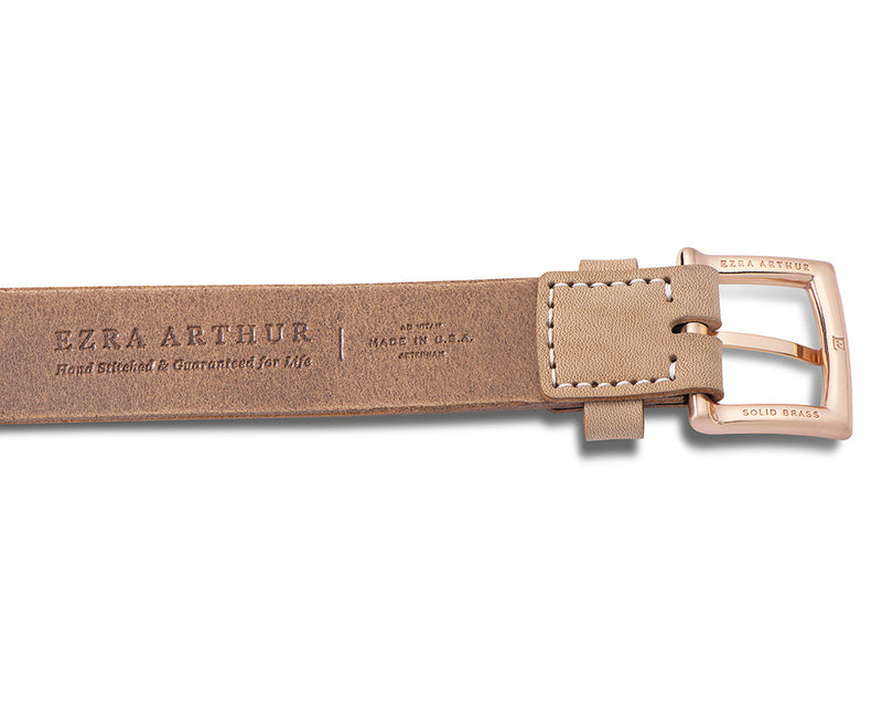 reverse of mens 25 mm tan leather belt with rose gold buckle