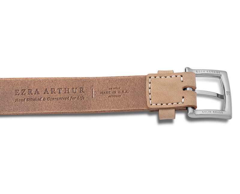 mens 25mm tan leather belt with brushed nickel hardware
