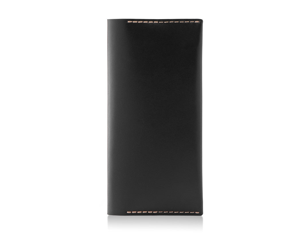 large black leather wallet with contrast stitches