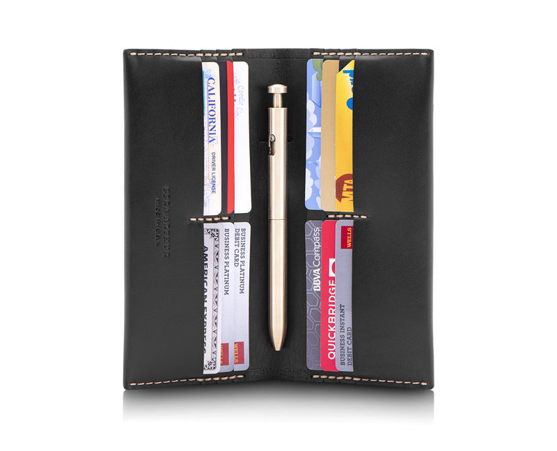 large black leather wallet with cards and pen
