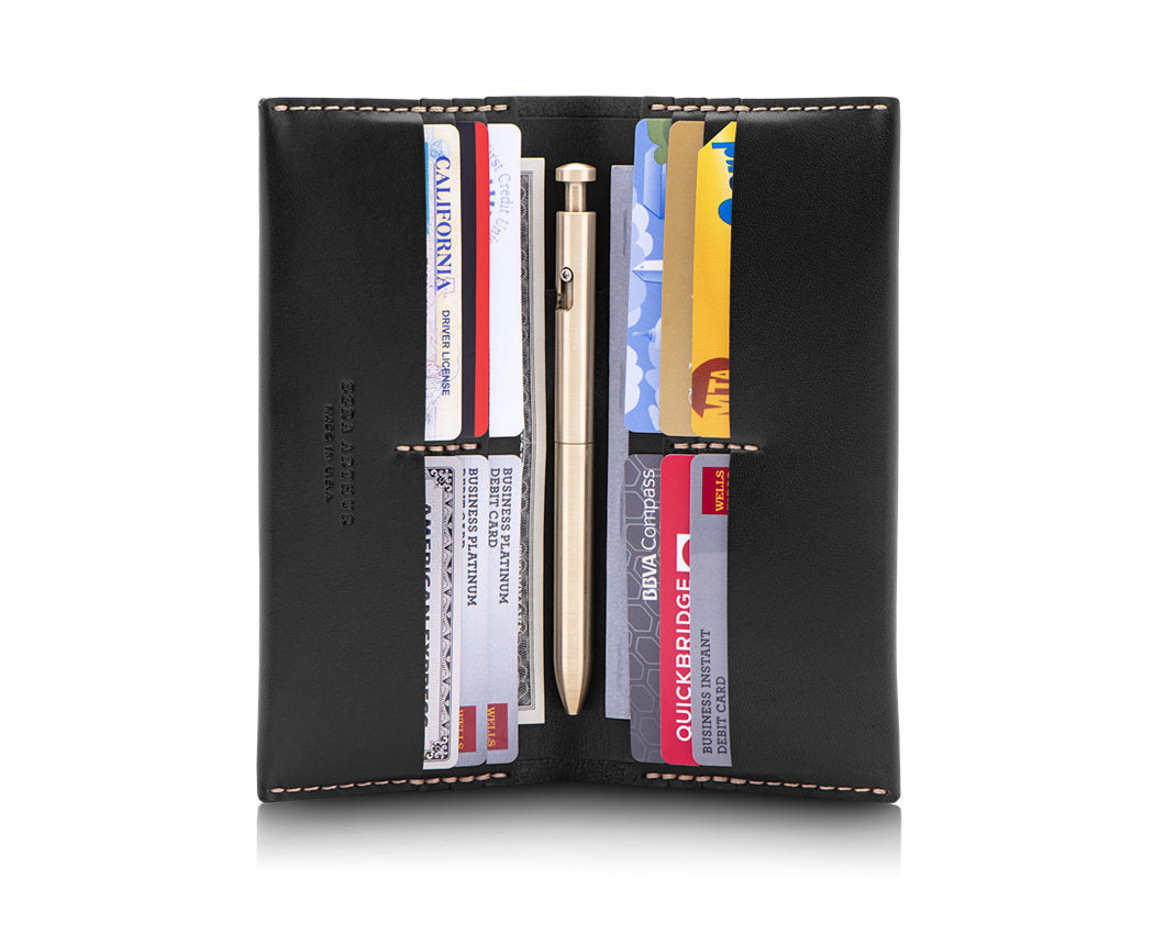 black leather wallet with checkbook and pen holder