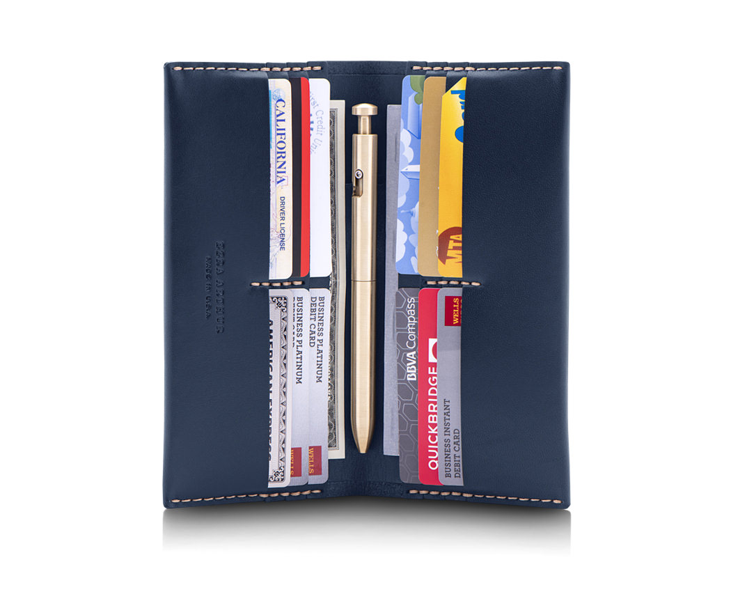 multi card navy blue leather wallet with checkbook pocket and pen holder
