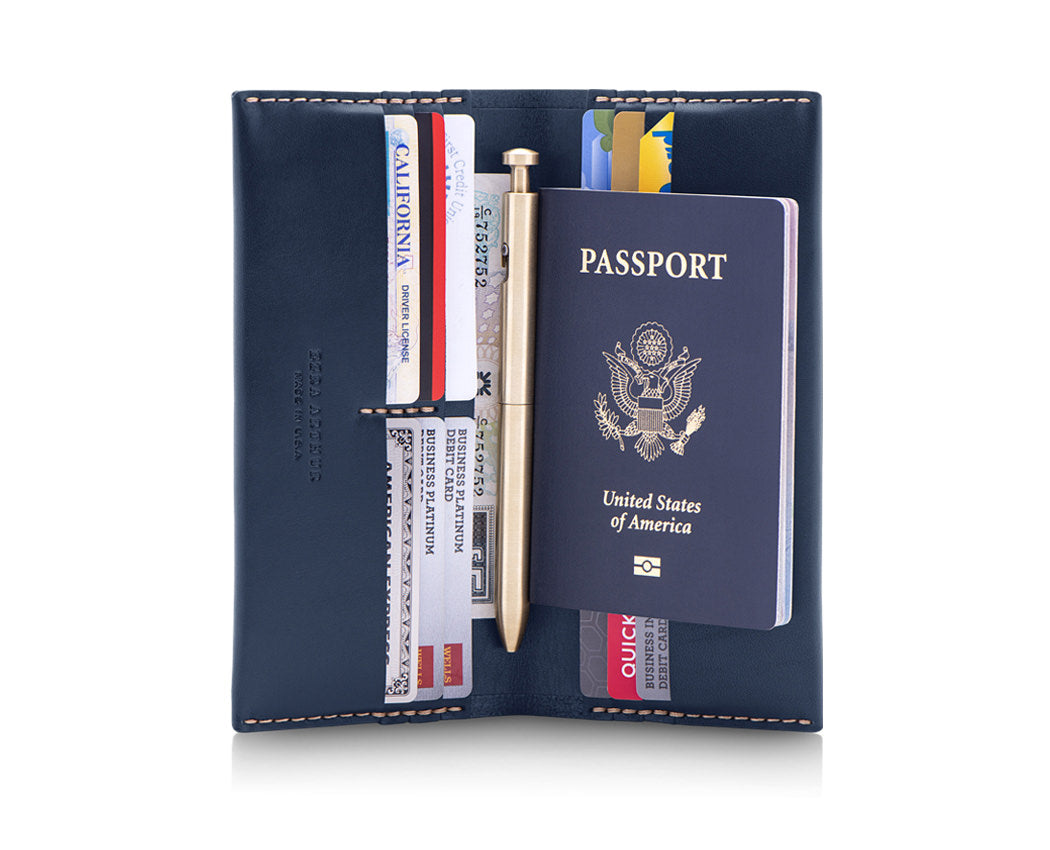 mens large navy blue leather wallet with passport and checkbook pocket